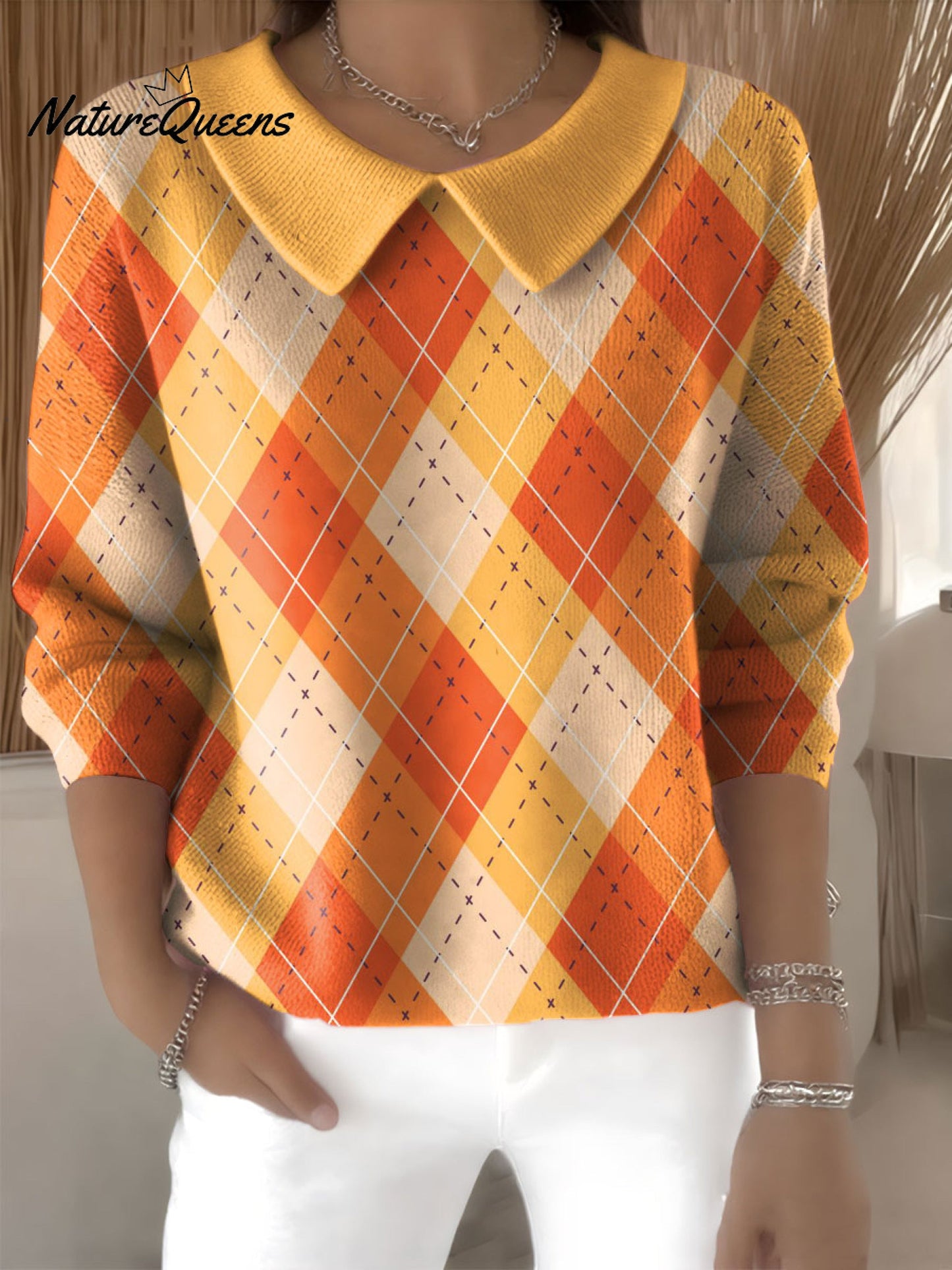 Women's Halloween Plaid Pattern Art Casual Print Peter Pan Collar 3/4 Sleeve Sweater