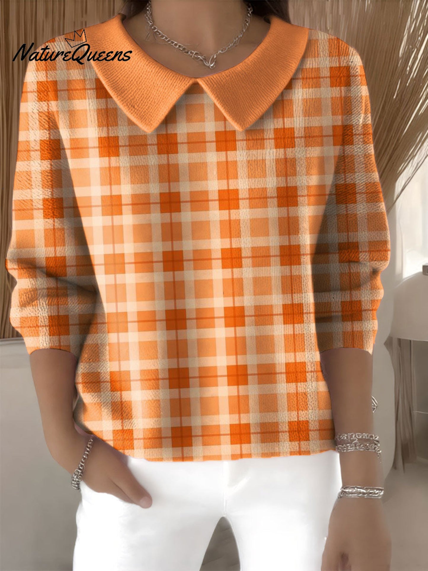 Women's Halloween Plaid Pattern Art Casual Print Peter Pan Collar 3/4 Sleeve Sweater