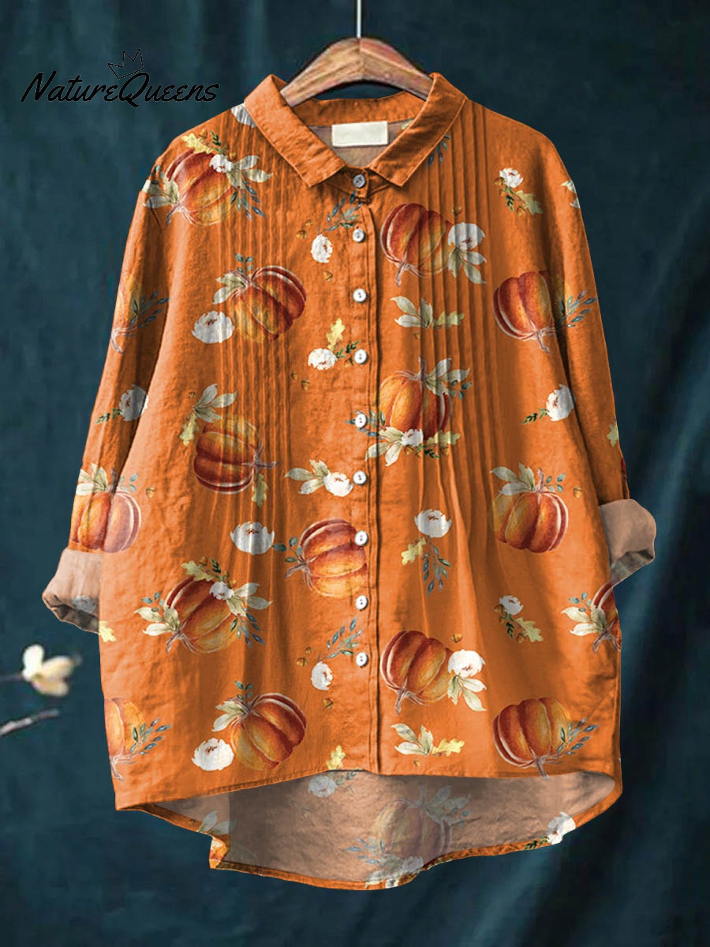 Women's Vintage Pumpkin Pattern Art Print Casual Cotton And Linen Ruffle Shirt
