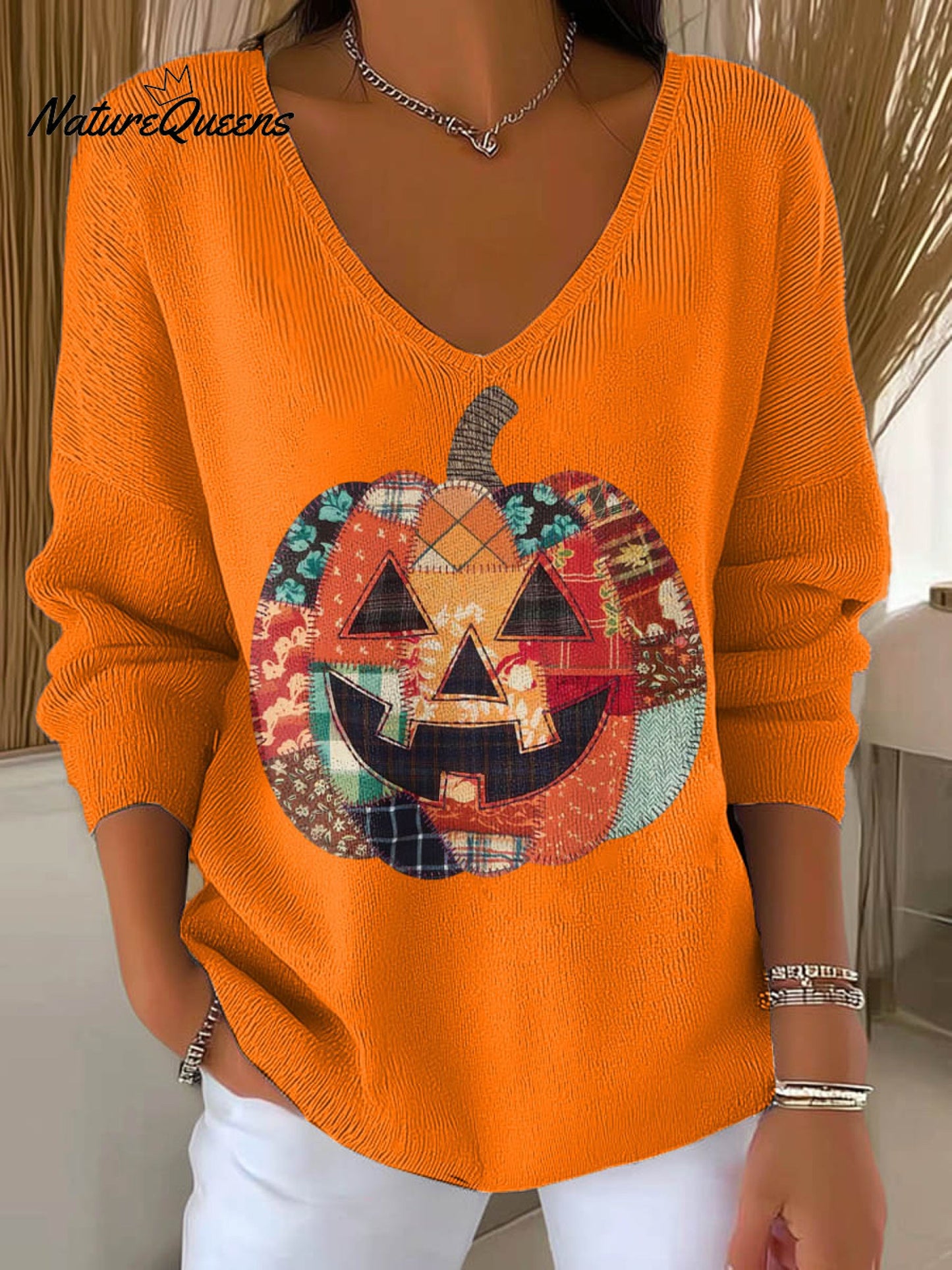 Women's Funny Pumpkin Halloween Pattern Art Print Casual Pullover Sweater
