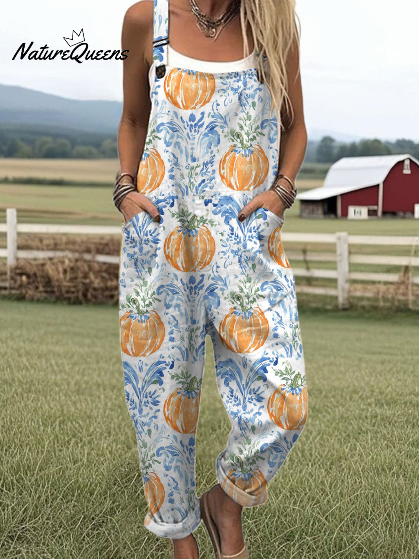 Women's Vintage Pumpkin Art Print Casual 100% Cotton Wide Leg Jumpsuit