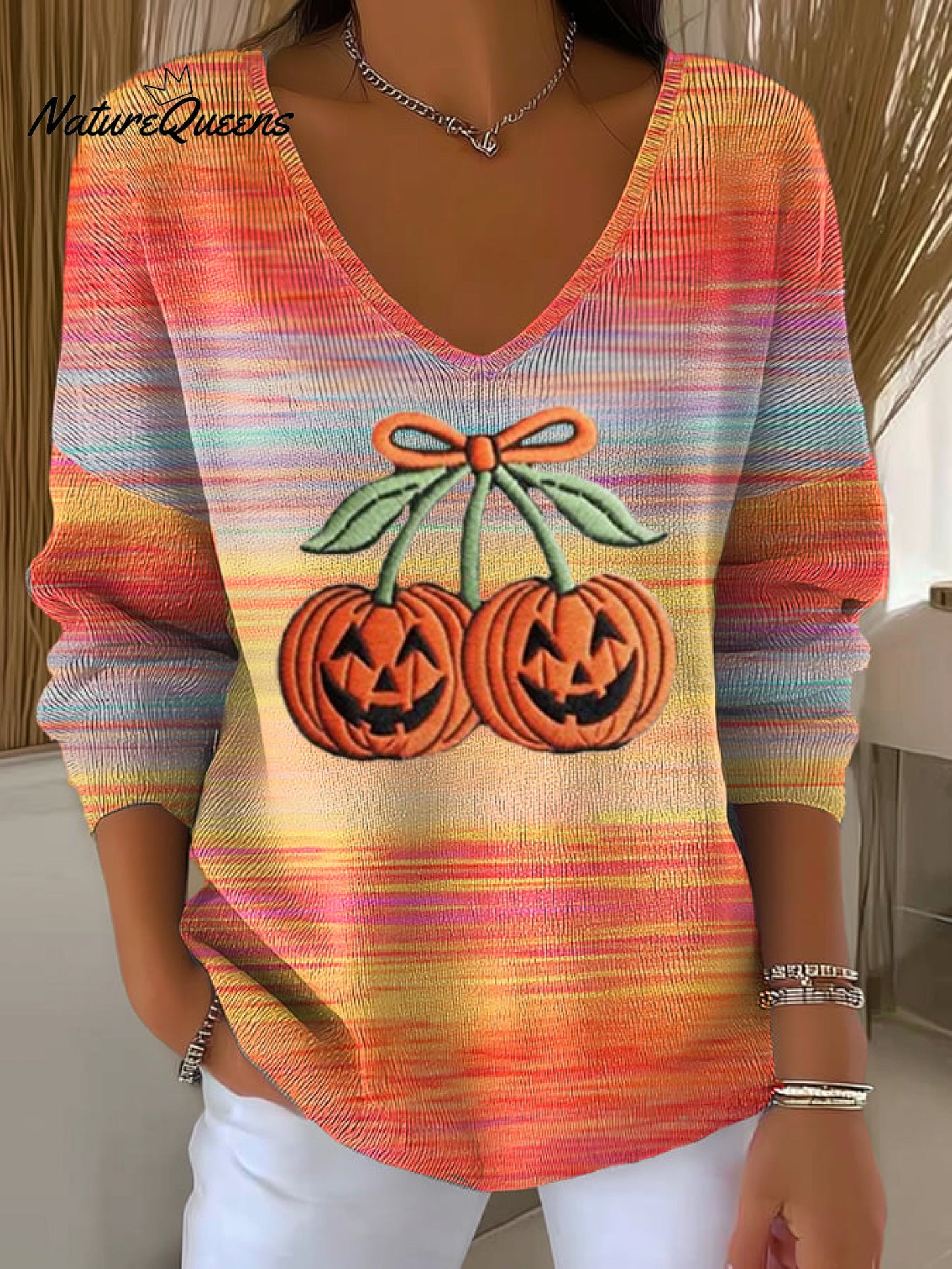 Women's Autumn Gradient Pumpkin Art Print Casual Pullover Sweater
