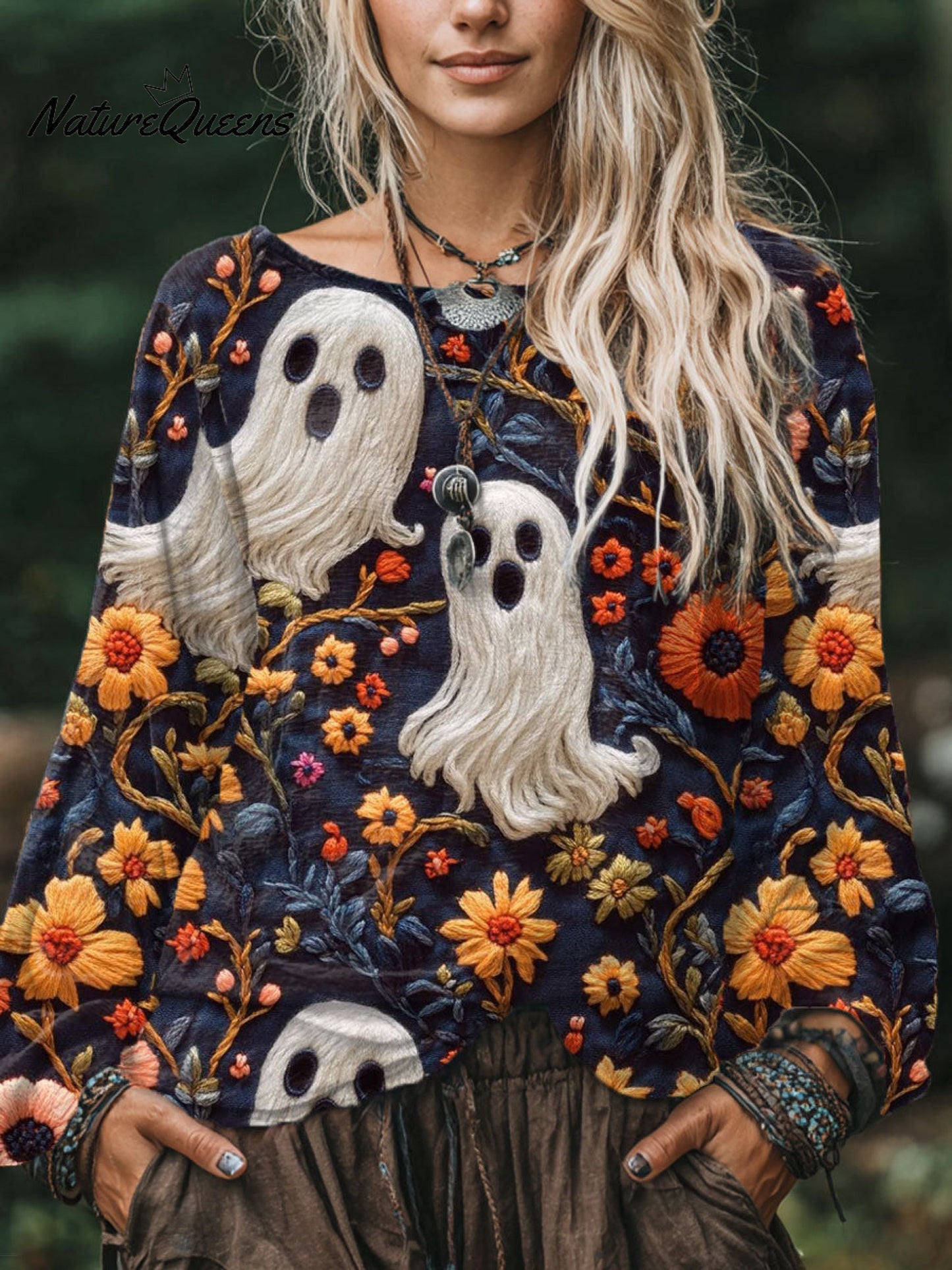 Women's Ghost Flower Art Print Casual Cotton And Linen Shirt