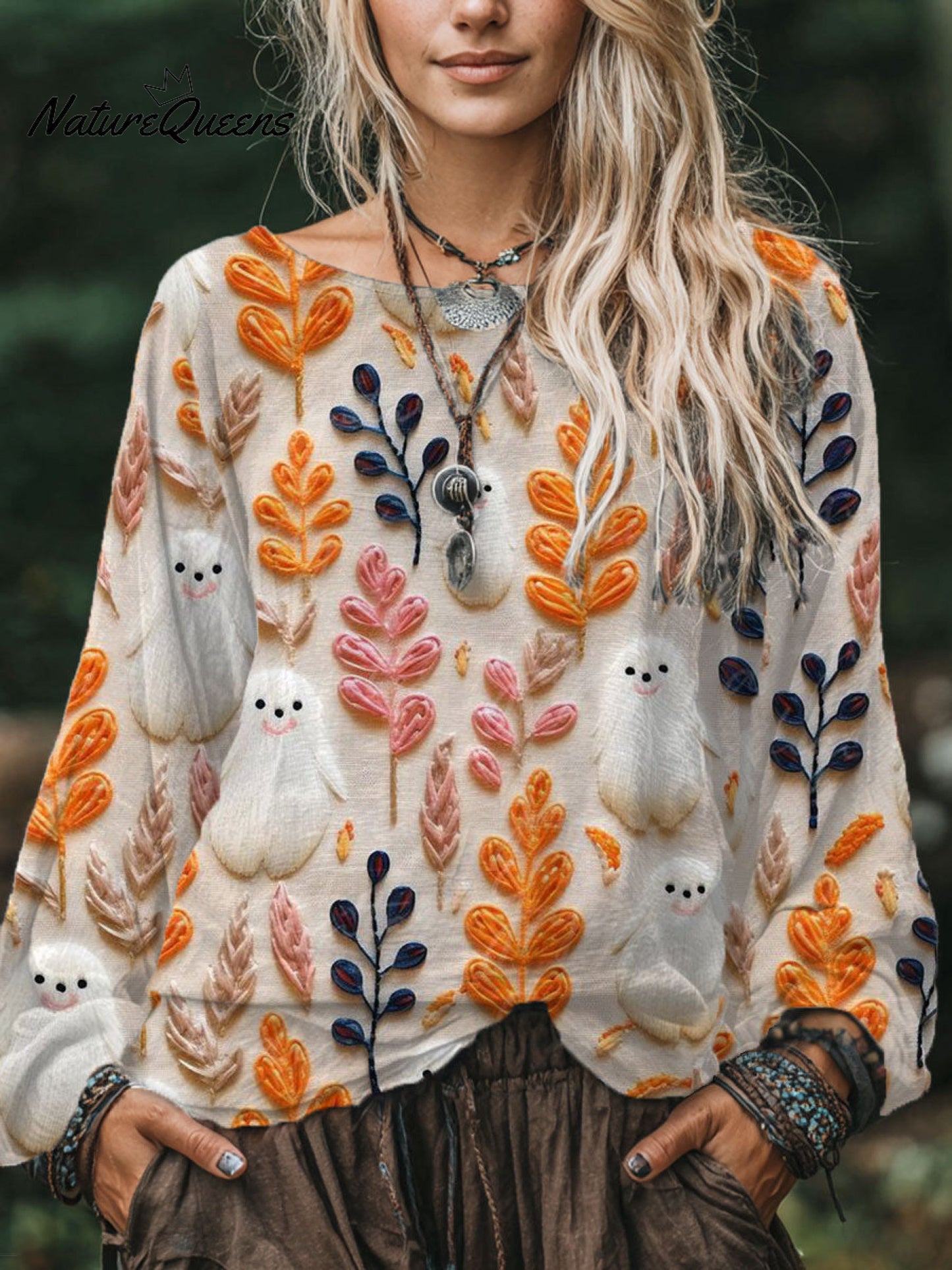 Women's Ghost Flower Art Print Casual Cotton And Linen Shirt