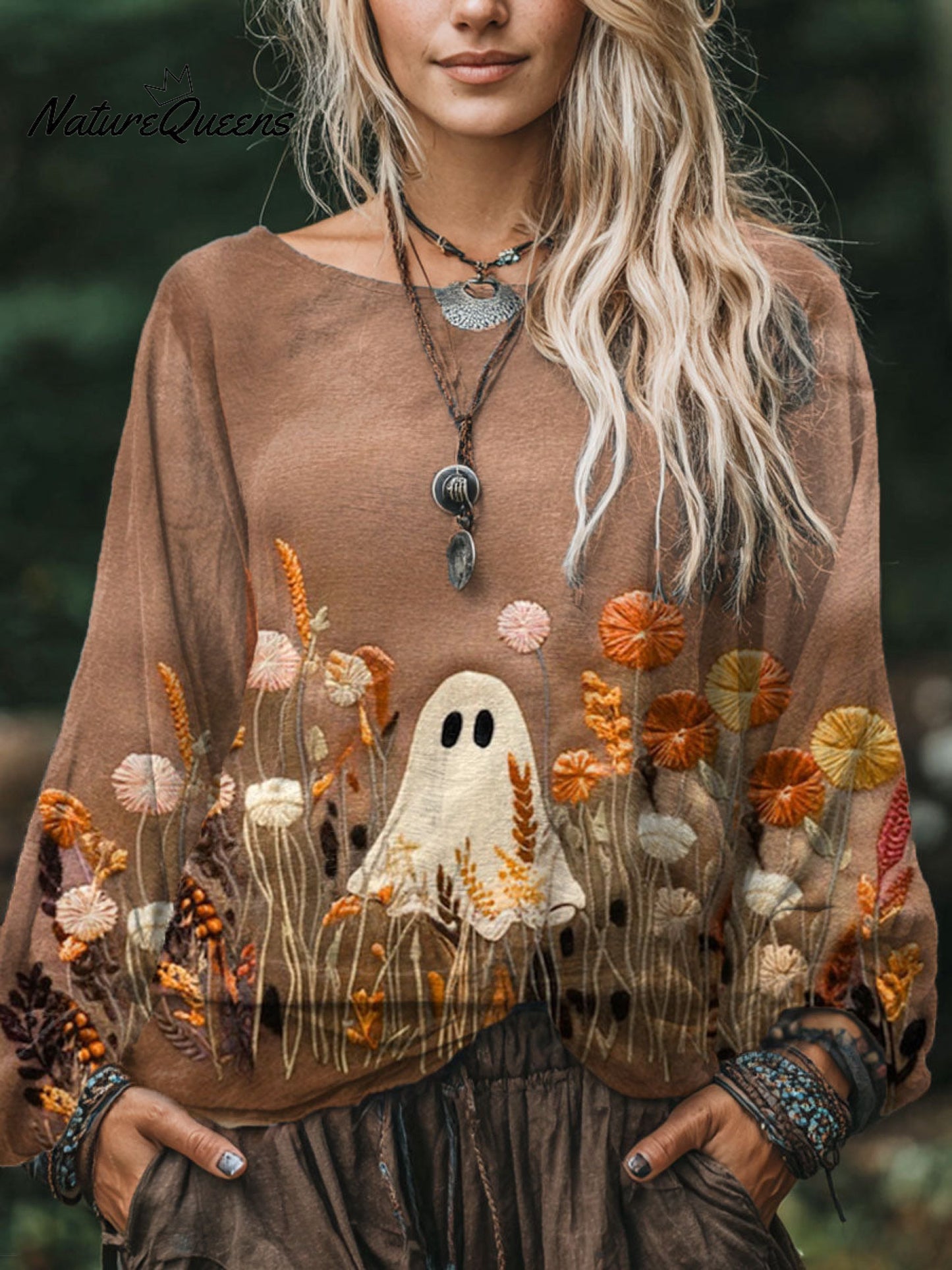 Women's Ghost Flower Art Print Casual Cotton And Linen Shirt