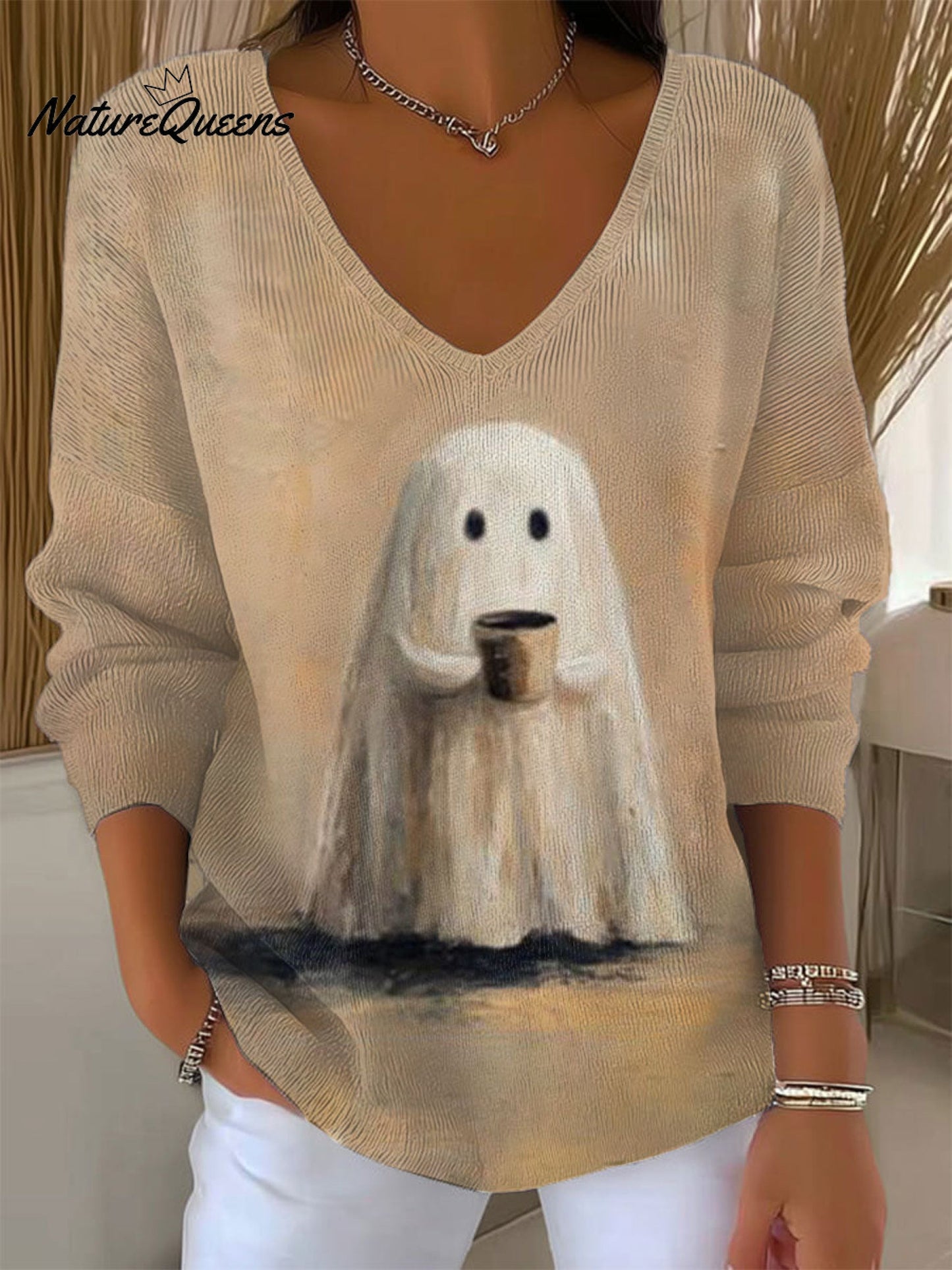 Women's Vintage Ghost Art Print Casual Pullover Sweater