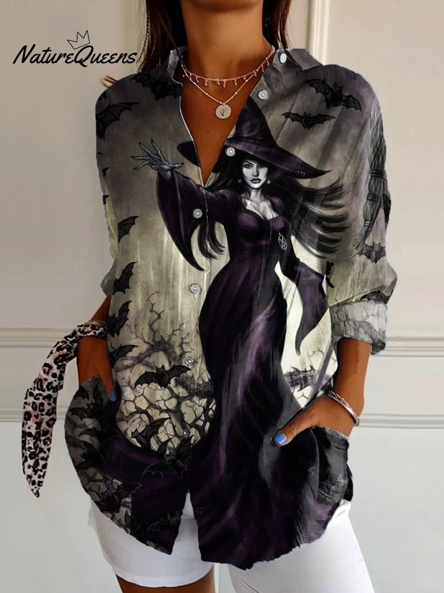 Women's Halloween Witch Art Print Casual Cotton Shirt