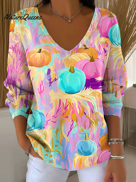 Women's Preppy Autumn Pumpkins Fall Halloween Casual Print Pullover Sweater
