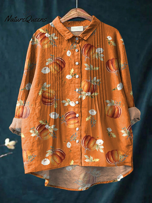 Women's Vintage Pumpkin Pattern Art Print Casual Cotton And Linen Ruffle Shirt