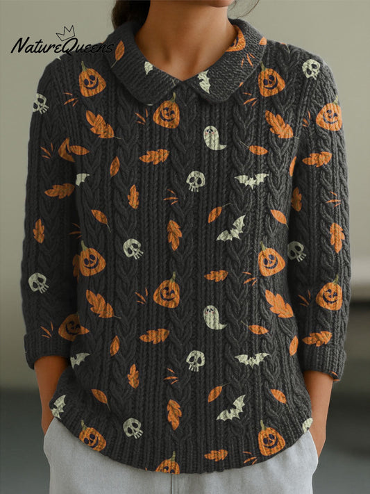 Women's Casual Peter Pan Collar Black Halloween Pattern 3/4 Sleeve Sweater