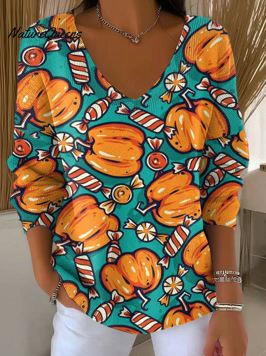 Women's Halloween Pumpkin Candy Casual Pullover Sweater