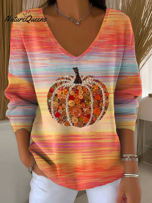 Women's Autumn Gradient  Pumpkin  Art Print Casual Pullover Sweater