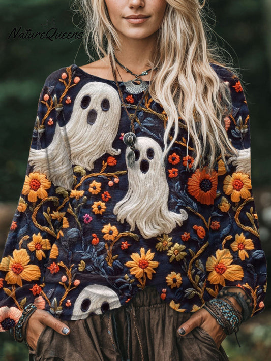 Women's  Ghost Flower Art Print Casual Cotton And Linen Shirt
