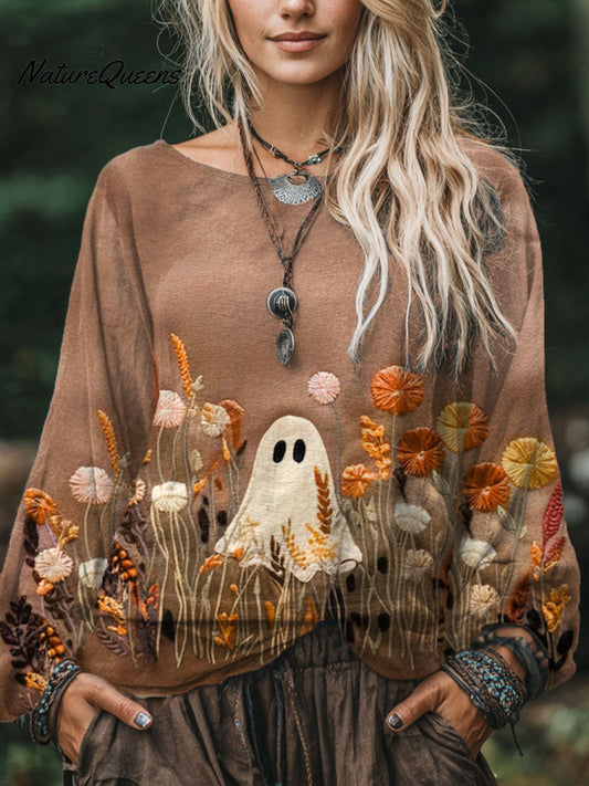 Women's  Ghost Flower Art Print Casual Cotton And Linen Shirt