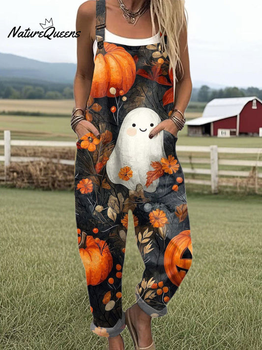 Women's Ghost Pumpkin Art Print Casual 100% Cotton Wide Leg Jumpsuit