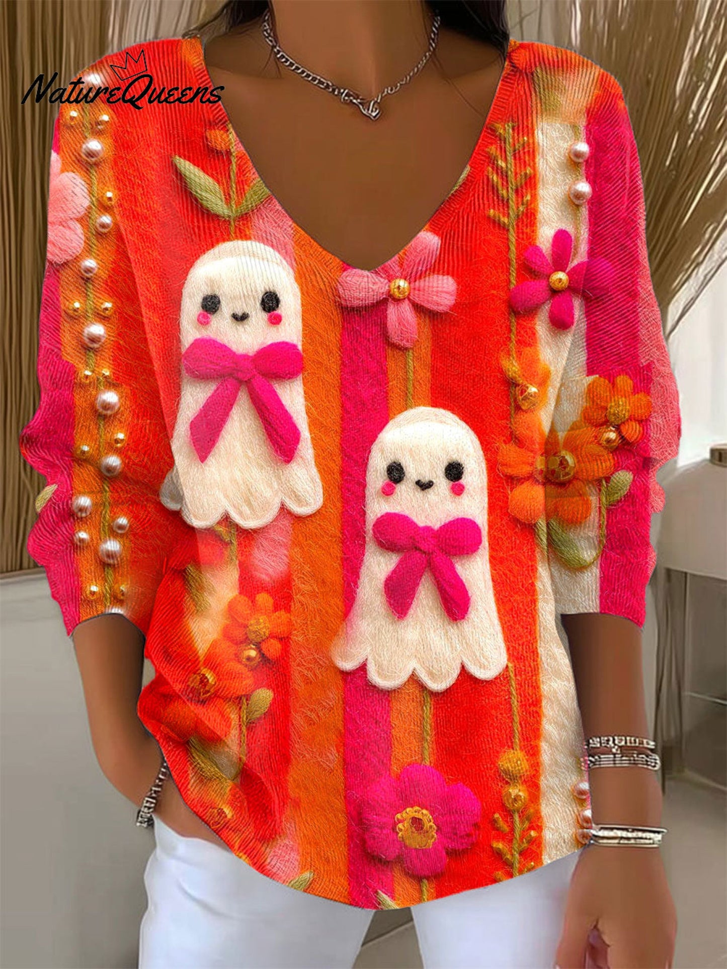 Women's Funny  Ghost Art Print Casual Pullover Sweater
