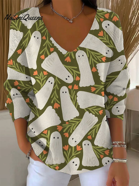 Women's Vintage  Ghost Flower Art Print Casual Pullover Sweater