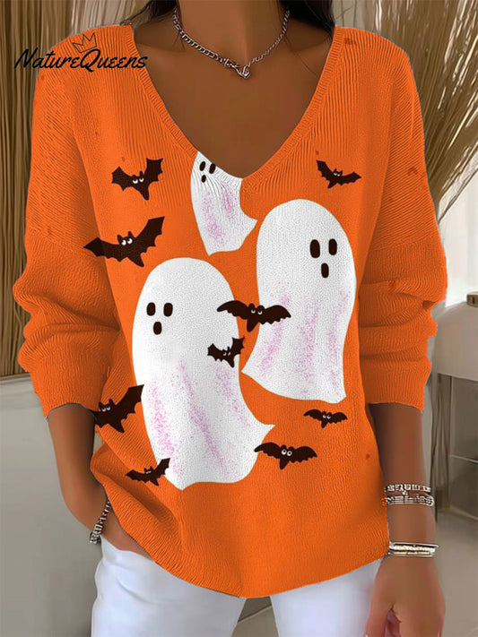 Women's Vintage  Ghost  Art Print Casual Pullover Sweater
