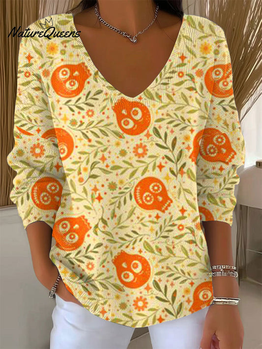 Women's Vintage  Halloween Skull Art Print Casual Pullover Sweater