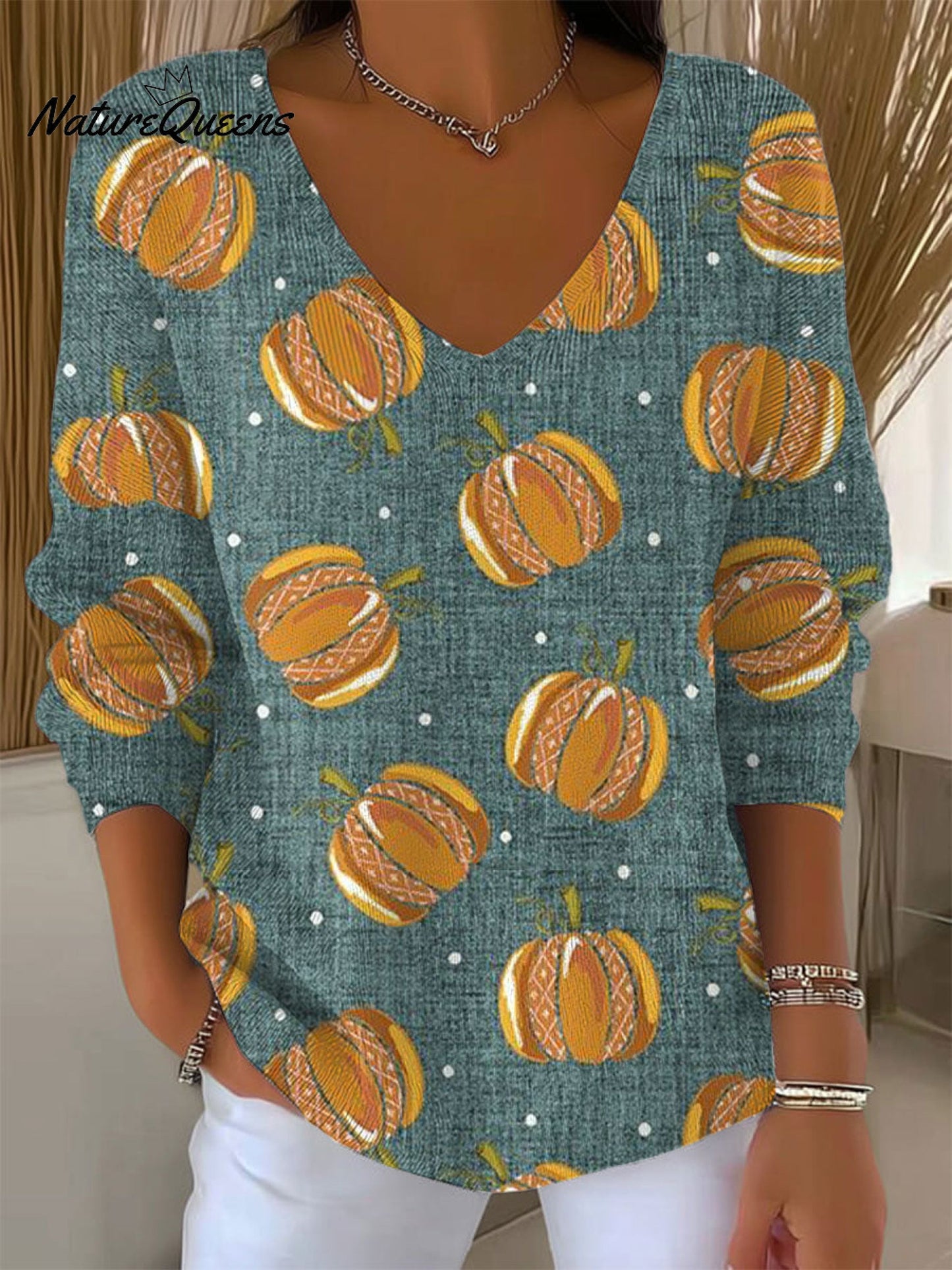 Women's Vintage   Pumpkin  Art Print Casual Pullover Sweater
