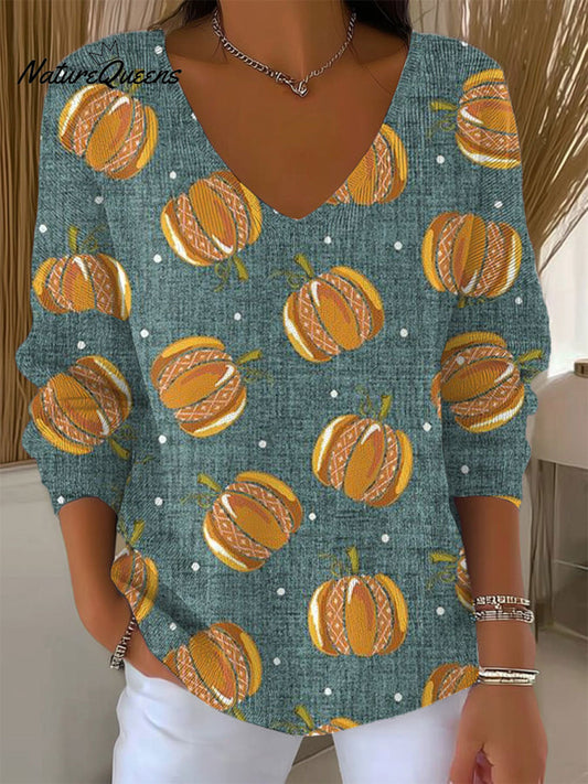 Women's Vintage   Pumpkin  Art Print Casual Pullover Sweater