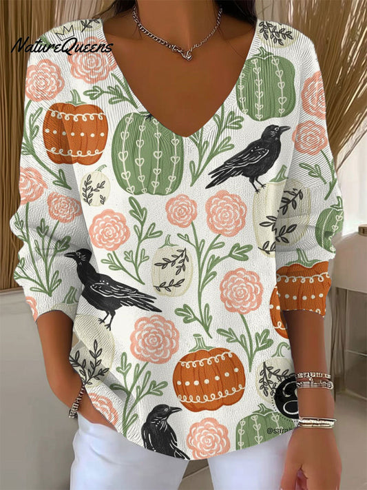Women's Vintage  Halloween  Crow  Art Print Casual Pullover Sweater