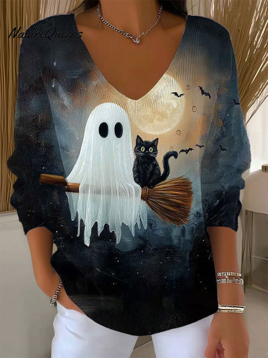 Women's  Vintage Ghost Art Print Casual Pullover Sweater