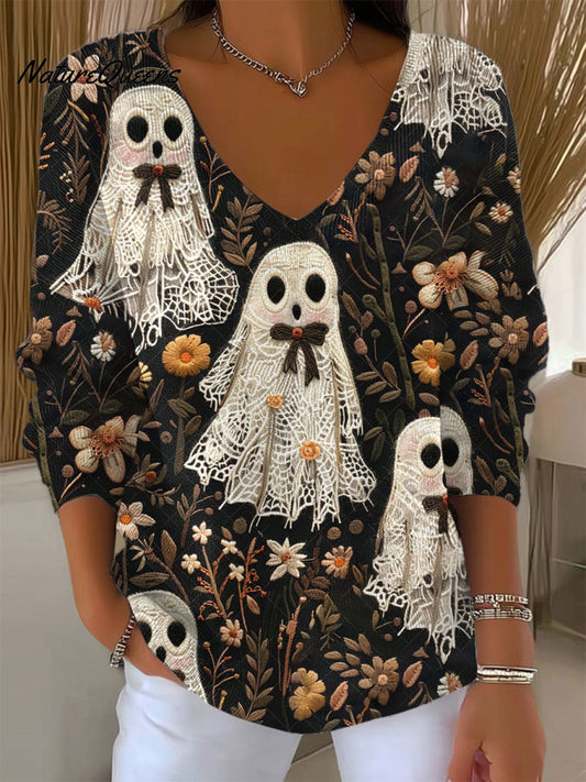 Women's  Vintage Ghost Art Print Casual Pullover Sweater
