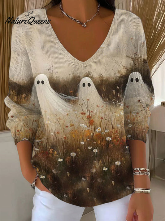 Women's  Vintage Ghost Art Print Casual Pullover Sweater