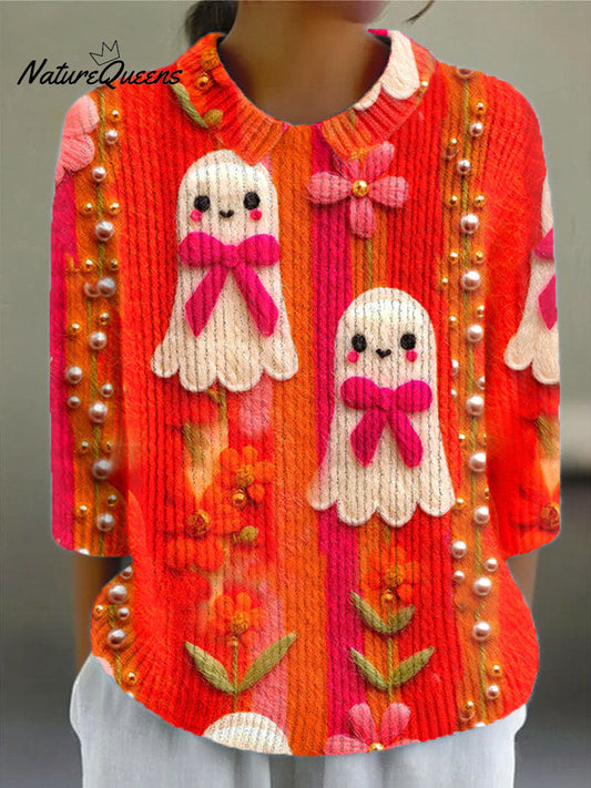 Women's Vintage Ghost Art Print Casual Peter Pan Collar 3/4 Sleeve Sweater