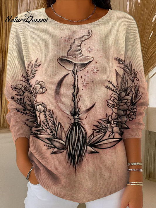 Women's  Halloween Witch Art Print Casual Pullover Sweater