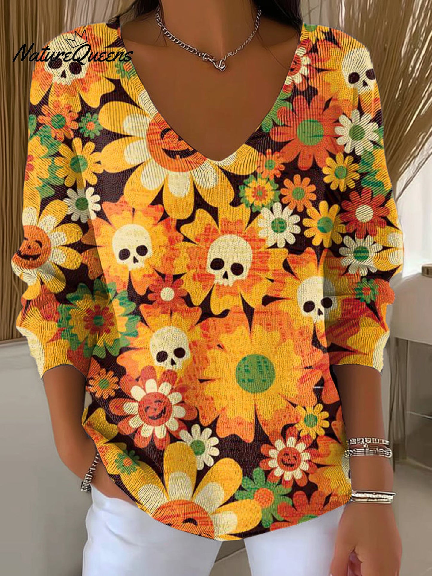 Women's Beautiful Halloween Floral Art Print Casual Pullover Sweater