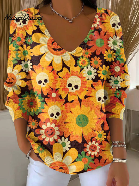Women's Beautiful Halloween Floral Art Print Casual Pullover Sweater