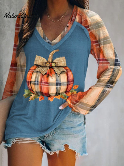 Women's Pumpkin Season Print Casual V-Neck Long-Sleeved T-Shirt