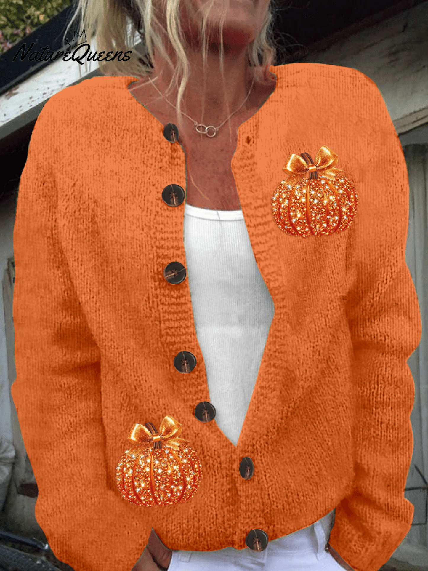 Women's Autumn Sequin Pumpkin Print Cardigan Sweater