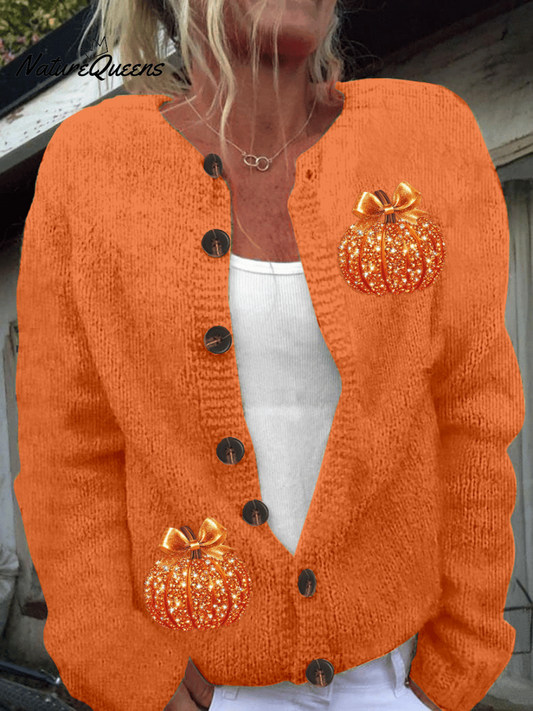 Women's Autumn Sequin Pumpkin Print Cardigan Sweater