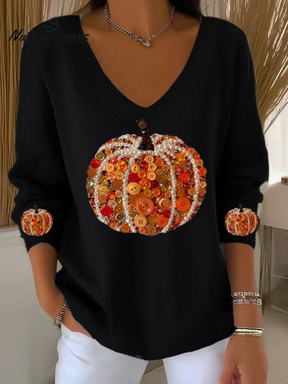 Women's  Pumpkin Print Casual Striped Fabric Long Sleeve T-shirt