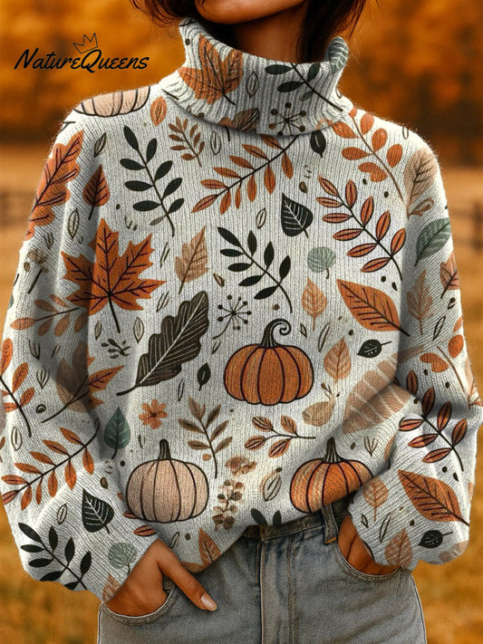Women's Autumn Pumpkin Print Turtleneck Knit Sweater
