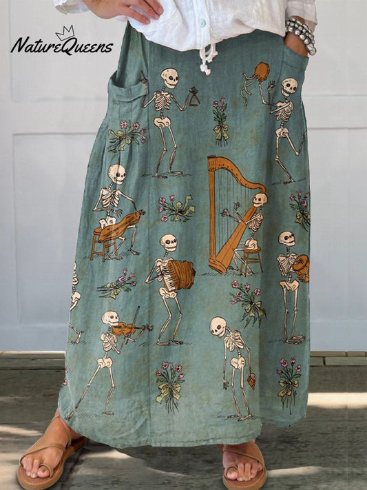 Women's  Retro Skull  Music  Flower Art  Print   Linen Pocket Skirt